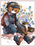  1boy artist_name bloomminority blue_eyes boots border brown_border full_body goggles goggles_on_head goggles_on_headwear hat highres jacket long_sleeves male_focus orange_hair original short_hair sitting solo steampunk twitter_username white_background 