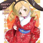  1girl 2023 absurdres animal_ears blonde_hair breasts chinese_zodiac drill_hair egasumi fake_animal_ears floral_print from_above fur-trimmed_kimono fur_trim happy_new_year highres japanese_clothes kimono large_breasts looking_at_viewer mahou_shoujo_madoka_magica obi rabbit_ears sash tomoe_mami twin_drills twitter_username year_of_the_rabbit yellow_eyes 