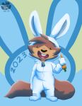  bunny_costume carrot chinese_zodiac clothed clothing costume food fur hair hi_res holidays kigurumi looking_at_viewer mammal new_year nutty_bo onesie open_mouth plant rodent sciurid simple_background smile vegetable year_of_the_rabbit 