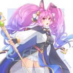  1girl animal_ears bangs bell blue_hair breasts cape carrot_(robosquat) cleo_(dragalia_lost) cowboy_shot dragalia_lost gradient_hair hair_bell hair_ornament holding holding_staff large_breasts long_hair long_sleeves looking_at_viewer multicolored_hair official_alternate_costume open_mouth pink_eyes pink_hair puffy_long_sleeves puffy_sleeves rabbit_ears solo staff thighhighs twintails twitter_username two-tone_hair very_long_hair 