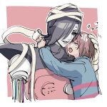  1boy 1other arms_around_neck bandaged_head bandages black_eyeshadow black_hair blue_shirt border crying eyeshadow frisk_(undertale) hair_over_one_eye hand_on_another&#039;s_head highres long_sleeves makeup mechanical_arms mettaton parted_lips shirt shoji_sakura short_hair smile striped striped_shirt sweatdrop tears undertale upper_body white_border white_hair 