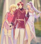  1boy 2girls :d azelle_(fire_emblem) babykatafan bare_shoulders blonde_hair cape closed_eyes dress emblem fire fire_emblem fire_emblem:_genealogy_of_the_holy_war gloves grey_hair highres holding_hands lachesis_(fire_emblem) long_hair long_sleeves multiple_girls polygamy red_eyes red_hair side_slit smile tailtiu_(fire_emblem) white_dress white_gloves yellow_eyes 