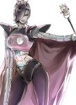  1boy absurdres android black_hair cape closed_mouth colored_skin cowboy_shot crown eyebrow_piercing grey_skin hair_over_one_eye highres holding holding_microphone_stand jewelry looking_at_viewer male_focus mechanical_arms mettaton microphone_stand necklace piercing red_cape robot shoji_sakura short_hair smile solo undertale white_background 
