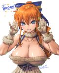  1girl amania_orz blue_eyes blue_ribbon breasts cleavage copyright_request dated dress fur_trim gloves grey_dress grey_gloves hair_ribbon hands_up highres large_breasts long_hair looking_at_viewer milestone_celebration orange_hair parted_lips ponytail ribbon smile solo strapless strapless_dress twitter_username 