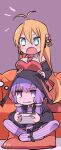  2girls :i antenna_hair aqua_eyes bangs blonde_hair breast_rest breasts breasts_on_head chibi controller couch detached_collar detached_sleeves dress game_controller hair_between_eyes hair_ornament hibimegane hood hood_up large_breasts long_hair long_sleeves multiple_girls open_mouth playing_games purple_dress purple_eyes purple_hair purple_thighhighs sitting thighhighs tsurumaki_maki very_long_hair vocaloid voiceroid yuzuki_yukari 