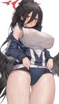  1girl absurdres armpits ass_visible_through_thighs bangs bare_shoulders black_choker black_hair black_wings blue_archive blush breasts cameltoe choker commentary cowboy_shot faldues_(gavin_b) feathered_wings gym_uniform hair_between_eyes halo hasumi_(blue_archive) hasumi_(gym_uniform)_(blue_archive) highres huge_breasts jacket jacket_partially_removed lifted_by_self long_bangs long_hair long_sleeves looking_at_viewer looking_down low_wings off_shoulder official_alternate_costume partially_unzipped ponytail red_eyes red_halo see-through shirt shorts shorts_lift simple_background solo standing sweat thick_thighs thighs tongue tongue_out track_jacket very_long_hair wet wet_clothes white_background white_shirt wings 