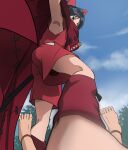  1girl armpits barefoot black_hair bow brown_eyes cape cloud feet hair_bow han&#039;you_no_yashahime haruyama_kazunori inuyasha looking_at_viewer moroha short_hair shorts stepped_on sword tree weapon 