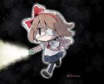  1girl bag chibi dark_background eyepatch flashlight hair_ribbon holding holding_flashlight medical_eyepatch panzuban pleated_skirt protagonist_(yomawari) red_ribbon ribbon shirt shoulder_bag skirt solo white_shirt yomawari yomawari_(series) 