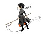  1boy absurdres black_dress black_hair clenched_hand closed_mouth dress easthies_(tongari_boushi_no_atelier) from_behind full_body hair_tie highres holding long_hair long_sleeves looking_at_viewer looking_back male_focus ponytail red_eyes simple_background solo standing tongari_boushi_no_atelier white_background yongji_(moli1023) 