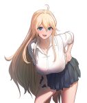  1girl bangs blonde_hair blue_eyes blue_skirt blush breasts english_commentary hair_between_eyes hand_on_hip hand_on_own_thigh harpyia_(last_origin) large_breasts last_origin leaning_forward long_hair looking_at_viewer nyanom open_mouth pleated_skirt shirt sidelocks simple_background skirt solo very_long_hair white_background white_shirt 