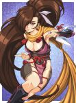  1990s_(style) 1girl absurdres bangs breasts brown_eyes brown_hair cleavage fire_emblem fire_emblem_fates gloves hair_over_one_eye highres kagero_(fire_emblem) kunai long_hair looking_at_viewer ninja ponytail retro_artstyle scarf sirknightbot solo weapon 