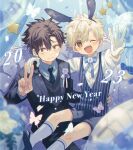  2023 2boys animal_ears arm_around_shoulder bishounen blonde_hair blurry blurry_foreground brown_hair bug butterfly chinese_zodiac commentary commentary_request earrings fake_animal_ears formal happy_new_year highres jewelry lifting_person long_sleeves looking_at_viewer male_focus multiple_boys one_eye_closed open_mouth original rabbit_ears shorts smile socks suit umibatari v white_socks year_of_the_rabbit 