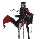  1girl asymmetrical_legwear belt cane cape cross eyepatch hat holding holding_cane holstered_weapon military military_uniform nilzynox original peaked_cap pink_eyes red_hair short_hair sketch solo uniform white_background 