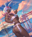  1girl :d abs animal_ears ass bangs bare_arms bare_shoulders blue_sky breasts chest_sarashi cloud cloudy_sky collarbone commentary dark-skinned_female dark_skin day dutch_angle eyewear_on_head fang from_behind fundoshi hand_on_own_stomach hand_up highres japanese_clothes kine kouhaku_nawa light_rays looking_at_viewer looking_back mallet mortar mountain muscular muscular_female ogami open_mouth original outdoors plant rabbit_ears rabbit_girl red_eyes reflection rope sarashi shide shimenawa shiny shiny_skin short_hair sidelocks signature sky small_breasts smile solo standing star-shaped_eyewear sunglasses toned torii twisted_torso w water white_hair wrist_wrap 