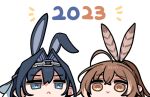  2girls :&gt; :&lt; ahoge animal_ears bangs blue_eyes blue_hair brown_eyes brown_hair chain_headband chibi clipe commentary english_commentary feather_hair_ornament feathers hair_intakes hair_ornament happy_new_year hololive hololive_english long_hair multicolored_hair multiple_girls nanashi_mumei ouro_kronii ponytail rabbit_ears short_hair streaked_hair veil very_long_hair virtual_youtuber 
