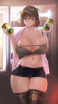  1girl anis_(nikke) bare_shoulders black_skirt breasts brown_eyes brown_hair can cowboy_shot goddess_of_victory:_nikke hair_ornament highres holding holding_can huge_breasts lukapiaxxx midriff navel pink_towel refrigerator shadow short_hair skindentation skirt solo stomach thighhighs 