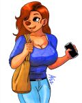  aaronhibiki aged_up alternate_hairstyle anthro beauty_mark big_breasts black_eyes bottomwear bra breasts brown_nose canid canine canis cellphone cleavage clothed clothing denim denim_clothing disney domestic_dog ear_piercing ear_ring female goof_troop hair hair_over_eye hi_res huge_breasts jeans mammal one_eye_obstructed orange_hair pants phone piercing purse red_hair ring_piercing rolled_up_sleeves roxanne_(goof_troop) small_waist smartphone solo underwear 