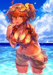  1girl absurdres ahoge arm_behind_back bangs bikini blue_sky bracelet breasts brown_eyes brown_hair cleavage clothes_pull cloud cloudy_sky commentary_request cowboy_shot crossed_bangs day eyewear_on_head fate/grand_order fate_(series) floral_print fujimaru_ritsuka_(female) fujimaru_ritsuka_(female)_(tropical_summer) grey_shorts hair_between_eyes hair_ornament hair_scrunchie hand_to_own_mouth hawaiian_shirt highres jewelry kin_mokusei large_breasts leaning_forward looking_at_viewer midriff navel ocean open_clothes open_mouth open_shorts partially_submerged print_shirt scrunchie shirt short_shorts short_sleeves shorts shorts_pull side_ponytail sky smile solo striped striped_bikini swimsuit tan tanlines tongue wading water wet 