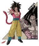  1boy abs black_hair dragon_ball dragon_ball_gt frown highres male_focus monkey_tail muscular muscular_male official_style red_fur serious shinsokunotaka signature solo son_goku super_saiyan super_saiyan_4 tail toriyama_akira_(style) yellow_eyes zoom_layer 