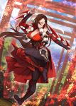  1girl absurdres arm_blade arm_guards bangs bare_shoulders blue_sky breasts brown_eyes brown_hair cleavage cloud commission dagger detached_sleeves fire fire_emblem fire_emblem_cipher fire_emblem_fates full_body hair_over_one_eye high_collar highres japanese_clothes kagero_(fire_emblem) knee_guards knife large_breasts leg_up long_hair looking_at_viewer mature_female ninja obi official_alternate_costume open_mouth outdoors pants pelvic_curtain plunging_neckline ponytail red_tassel sandals sash skeb_commission sky solo tabi teo_(telo_ruka) tight tight_pants torii tree very_long_hair weapon zouri 
