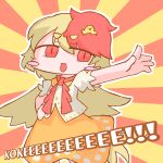  1girl animal animal_on_head bird bird_on_head blonde_hair blush dress feathered_wings feathers hair_between_eyes highres multicolored_hair niwatari_kutaka on_head open_mouth red_eyes red_hair solo touhou wings yellow_wings zenerat 