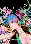  1girl aqua_hair black_background black_bow black_shirt blue_eyes blue_hair blue_nails bow floral_print flower green_hair green_necktie hair_bow hand_up hatsune_miku headphones highres long_hair multicolored_hair nail_polish necktie open_clothes open_shirt pink_hair pink_nails portrait print_necktie purple_flower shirt signature simple_background sleeveless sleeveless_shirt smile solo twintails vocaloid white_flower wire yuuinami 