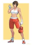  1girl abs absurdres artist_name bandages blue_eyes border boxing_gloves brown_hair cirenk commission dated highres looking_at_viewer muscular muscular_female red_shorts saotome_senshu_hita_kakusu saotome_yae short_hair shorts solo sports_bra sportswear sweat tomboy white_border white_sports_bra yellow_background 