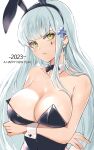  1girl 2023 animal_ears arms_under_breasts bare_shoulders black_leotard blue_hair breast_lift breasts chinese_zodiac cleavage closed_mouth collarbone crossed_arms detached_collar fake_animal_ears fake_tail girls&#039;_frontline green_eyes grey_hair hair_ornament happy_new_year head_tilt highres hk416_(girls&#039;_frontline) large_breasts leotard light_blue_hair light_frown long_hair looking_at_viewer new_year playboy_bunny rabbit_ears rabbit_tail simple_background solo strapless strapless_leotard tail teardrop teardrop_tattoo upper_body very_long_hair white_background wrist_cuffs x_hair_ornament year_of_the_rabbit yu_416416 