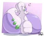  ambiguous_gender antennae_(anatomy) anthro belly bellydog big_belly cupcake curled_antennae curled_tail food generation_6_pokemon goodra green_eyes hyper hyper_belly looking_back nintendo obese overweight pokemon pokemon_(species) solo tail thick_tail thick_thighs 