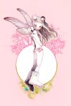  1girl absurdres ass blush boots bug circle full_body grey_hair hand_up highres leaf long_hair moth original oversized_insect panties pink_background pink_panties smile solo standing topless underwear white_footwear wings yellow_eyes yuuinami 