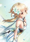  1girl bare_shoulders blonde_hair blush breasts capelet cleavage dress flower gauntlets genshin_impact hair_flower hair_ornament hand_on_own_chest highres lumine_(genshin_impact) nkco75 white_capelet white_dress white_flower white_petals yellow_eyes 
