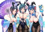  3girls alternate_breast_size alternate_costume animal_ears aqua_bow aqua_bowtie aqua_eyes bare_shoulders blue_bow blue_bowtie blue_eyes blue_hair blue_kimono blue_nails blush bow bowtie breasts brown_pantyhose cleavage collarbone dark_blue_hair delicious_party_precure detached_collar embarrassed fake_animal_ears fingernails flower fur-trimmed_kimono fur_trim fuwa_kokone hair_flower hair_ornament hairclip healin&#039;_good_precure highres holding holding_umbrella hugtto!_precure japanese_clothes kimono large_breasts long_hair looking_at_viewer medium_hair multiple_girls nail_polish nipples oil-paper_umbrella open_clothes open_kimono pantyhose playboy_bunny precure rabbit_ears rumo sawaizumi_chiyu short_hair thighs umbrella yakushiji_saaya 