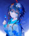  1girl 2022 absurdres bangs blue_background blue_eyes blue_hair blue_serafuku blue_skirt blue_theme closed_mouth commentary_request crescent facepaint from_side gradient gradient_background hair_between_eyes highres holding holding_paintbrush irodori_warabi light_particles long_hair long_sleeves looking_at_viewer neck_ribbon orange_ribbon original paint paint_splatter paint_splatter_on_face paintbrush ribbon school_uniform serafuku short_hair_with_long_locks sidelocks skirt smile solo thank_you upper_body white_background 