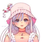  1girl absurdres bangs cherry choker ear_piercing earrings english_text food frilled_straps fruit ghost grey_eyes grey_hair hair_between_eyes highres jewelry looking_at_viewer mole mole_under_eye necklace original piercing pink_headwear portrait shadow signature simple_background solo white_background yuuinami 