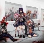  &gt;_&lt; 2boys 4girls absurdres all_fours alternate_universe axe blank_eyes blood blood_on_clothes blue_pants blue_skirt breasts brown_footwear collared_shirt colored_skin commentary crying doki_doki_literature_club english_commentary fang green_skin grey_jacket hair_intakes highres holding holding_axe jacket long_hair ma2_ereki medium_breasts monika_(doki_doki_literature_club) multiple_boys multiple_girls natsuki_(doki_doki_literature_club) neck_ribbon open_mouth pants parted_lips pink_hair ponytail protagonist_(doki_doki_literature_club) red_ribbon ribbon sayori_(doki_doki_literature_club) scared school_uniform shirt shoes short_hair sidelocks skirt small_breasts smile socks streaming_tears tears very_long_hair white_shirt white_socks window yuri_(doki_doki_literature_club) zombie 