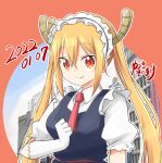  1girl artist_name bangs blonde_hair blue_dress building closed_mouth collared_shirt commentary dated dragon_girl dragon_horns dress frilled_sleeves frills gloves horns kobayashi-san_chi_no_maidragon long_hair looking_at_viewer maid maid_headdress necktie pinafore_dress red_eyes red_necktie shirt sidelocks signature slit_pupils smile solo tohru_(maidragon) twintails upper_body white_gloves white_shirt wing_collar yuuki_sonisuke 