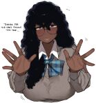  1girl black_hair blue_eyes blush broccoli_(ohasi) cardigan dark-skinned_female dark_skin english_text glasses long_hair looking_at_viewer ohasi original school_uniform shirt simple_background solo sweat very_dark_skin very_long_hair white_background 