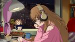  1girl asaka_karin bangs blush bra_strap brown_hair character_doll collarbone cup english_commentary from_side hair_ornament hairclip hand_on_own_cheek hand_on_own_face headphones highres holding holding_pencil indoors jan_azure konoe_kanata lamp lofi_girl_(youtube) long_hair love_live! love_live!_nijigasaki_high_school_idol_club mechanical_pencil meme nakasu_kasumi nesoberi off-shoulder_sweater off_shoulder parody pencil pink_sweater purple_eyes scissors solo sweater window 