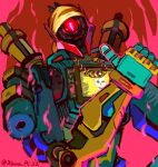  1boy animification apex_legends bad_bot_pathfinder brass_knuckles chain glowing glowing_eye gold_chain hakkaro_kano head_tilt headband highres humanoid_robot one-eyed pathfinder_(apex_legends) red_eyes robot science_fiction screen solo thumbs_up twitter_username upper_body weapon yellow_headband 