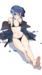  1girl bangs bare_legs bare_shoulders barefoot bikini black_bikini black_jacket blue_eyes blue_hair blush breasts collarbone crossed_ankles feet full_body grin hair_ribbon halterneck highres hololive hoshimachi_suisei jacket jewelry kinki_untouch leaning_back legs long_sleeves looking_at_viewer navel off_shoulder open_clothes open_jacket parted_lips petals ribbon ribs ring shadow sidelocks simple_background sitting skinny small_breasts smile soles solo stomach string_bikini swimsuit teeth thighs toes v-shaped_eyebrows virtual_youtuber white_background 