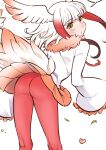  1girl ass bangs bird_wings blunt_bangs empty_eyes feather-trimmed_sleeves fur_collar head_wings highres japanese_crested_ibis_(kemono_friends) kemono_friends looking_at_viewer looking_back medium_hair pantyhose pleated_skirt red_hair red_pantyhose skirt solo white_hair wide_sleeves wings yokuko_zaza 