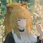  1girl animal_ear_fluff animal_ears arknights bangs black_jacket blonde_hair candy food food_in_mouth fur-trimmed_jacket fur_trim hair_between_eyes hand_up highres holding holding_candy holding_food holding_lollipop jacket kennnai616 lion_ears lollipop long_hair long_sleeves mouth_hold open_clothes open_jacket orange_eyes parted_lips ponytail shirt siege_(arknights) solo upper_body white_shirt 