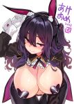  1girl animal_ears bent_over black_hair breasts commentary_request gloves hair_between_eyes hair_ornament heart_pasties highres large_breasts long_sleeves medium_hair original partial_commentary pasties purple_eyes rabbit_ears shiokonbu solo white_gloves x_hair_ornament 