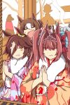  4girls animal_ears antenna_hair black_hair brown_hair closed_eyes commentary daiwa_scarlet_(umamusume) ear_ornament fine_motion_(umamusume) frown fur_collar furisode glaring hair_intakes hair_over_one_eye hair_up half-closed_eyes hatsumoude highres horse_ears horse_girl japanese_clothes kimono long_hair long_sleeves looking_at_another multiple_girls obi offertory open_mouth orange_kimono own_hands_together pink_kimono praying print_kimono purple_eyes rope sash seiun_sky_(umamusume) short_ponytail smoke standing sweatdrop temple tiara twintails umamusume vodka_(umamusume) wahiko_(black_bastard) white_hair yellow_eyes 