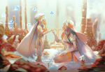  2girls azura_(fire_emblem) blue_hair bug butterfly child crying crying_with_eyes_open dress elbow_gloves female_child fingerless_gloves fire_emblem fire_emblem_fates fire_emblem_heroes flower gloves hat kneeling kneeling_on_liquid krazehkai long_hair multiple_girls orange_eyes pinky_swear ruins tears thighhighs veil water white_dress white_flower 