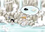  1boy 1girl ? afloat artist_name ass bandage_over_one_eye bandaged_arm bandages bangs black_hair bleach bleach:_the_thousand-year_blood_war blush covering_mouth hair_between_eyes kuchiki_rukia kurosaki_ichigo onsen orange_hair partially_submerged rock short_hair steam suirennnn thought_bubble towel towel_on_head upper_body water 