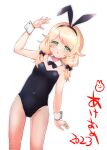  1girl 2023 animal_ears bangs black_bow black_bowtie black_leotard blonde_hair bow bowtie breasts cleavage commentary_request covered_navel detached_collar dodotsuki dot_nose fake_animal_ears female_child fishnets flat_chest green_eyes groin hair_bow hair_flaps half-closed_eyes hand_up highleg highleg_leotard highres idolmaster idolmaster_cinderella_girls leotard light_blush looking_at_viewer low_twintails medium_hair open_mouth playboy_bunny rabbit_ears solo thighs translated twintails white_background wrist_cuffs yusa_kozue 