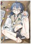  1girl aged_down bandaid barefoot black_shorts blue_hair blue_shirt box can cardboard_box closed_eyes clothes_lift collared_shirt condom condom_wrapper cowlick feet from_above girls&#039;_frontline glasses grin hair_ornament hairclip highres id_card in_box in_container k11_(girls&#039;_frontline) k11_(lil&#039;_scientist)_(girls&#039;_frontline) keyboard_(computer) labcoat lanyard light_blush lying messy_hair navel on_back oversized_clothes panties panty_peek shirt shirt_lift shorts side_ponytail sidelocks smile soda_can soles solo sticky_note sweater_vest toes underwear v vest vial white_panties yuki_hotaru 