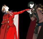  1boy 1girl black_background black_hair cape crown double_bun dress edelgard_von_hresvelg elbow_gloves epaulettes european_clothes fake_horns fire_emblem fire_emblem:_three_houses gauntlets gloves gold_trim hair_bun hair_over_one_eye highres holding_hands horned_headwear horns hubert_von_vestra looking_up mimulishizi purple_eyes red_cape red_dress white_hair 