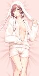  1girl ae_iueo animal_hood breasts breasts_apart brown_hair highres higuchi_madoka hood hoodie idolmaster idolmaster_shiny_colors looking_at_viewer lying medium_breasts mole mole_under_eye navel on_back partially_unzipped rabbit_hood short_twintails shorts solo twintails white_hoodie white_shorts 